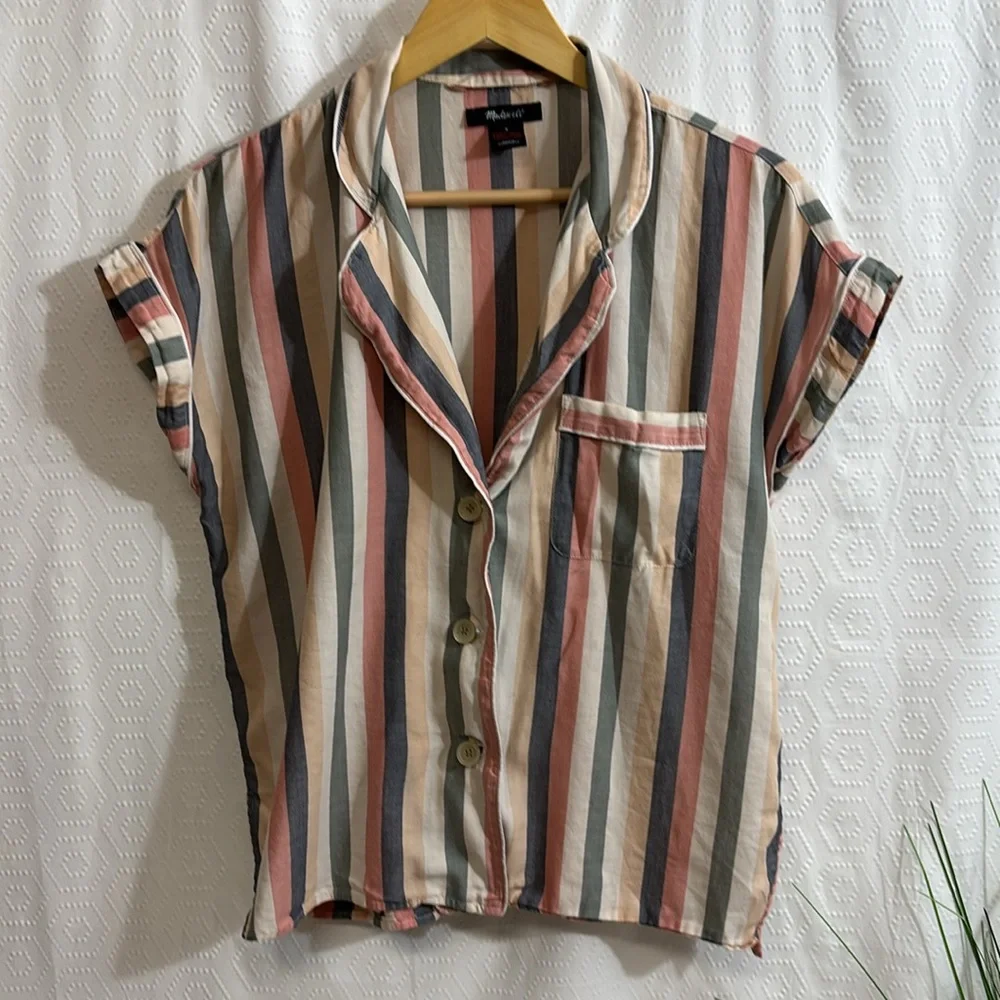 Madewell • Striped Pink Yellow Ivory Striped Pajama Top - Picture 3 of 8
